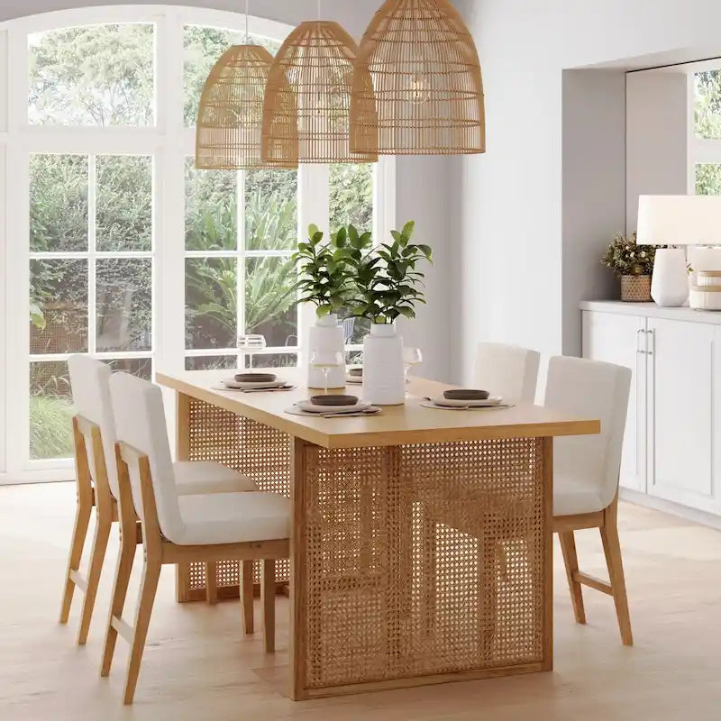 Warm Pine Boho Dining Table for 6, Rattan Accent