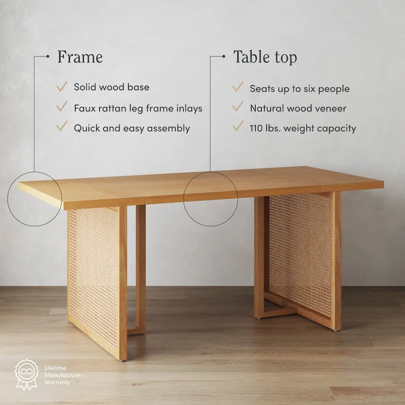 Warm Pine Boho Dining Table for 6, Rattan Accent