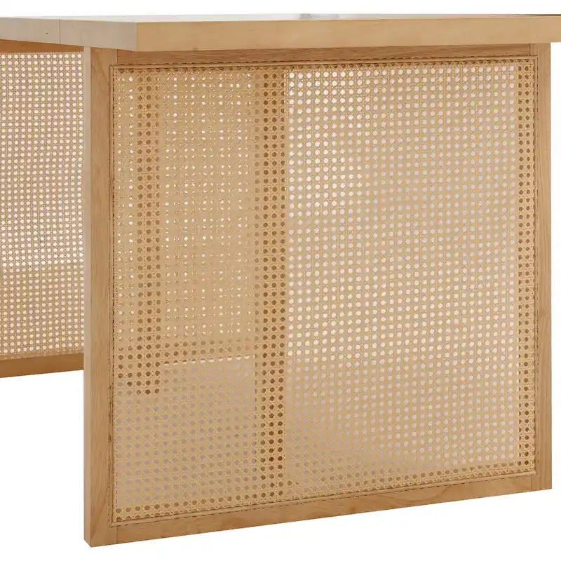 Warm Pine Boho Dining Table for 6, Rattan Accent
